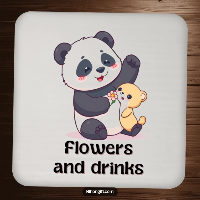 Funny drink coaster with a playful panda offering a flower, adding humorous protection to tables.