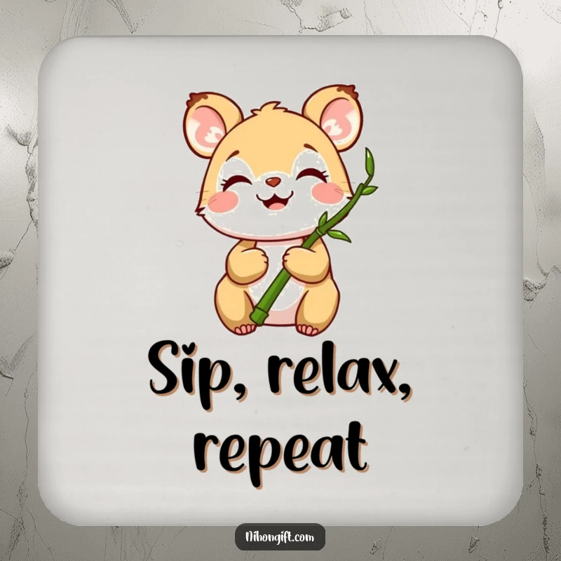 Funny drink coasters depicting a joyful animal holding a miniature bamboo stalk, adding zen to any table.