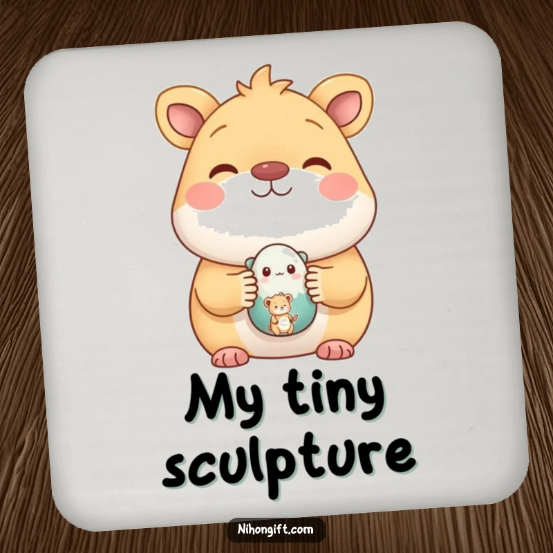 Funny drink coaster featuring a happy animal proudly displaying a small, painted ceramic figure, adding artistic flair to tabletops.