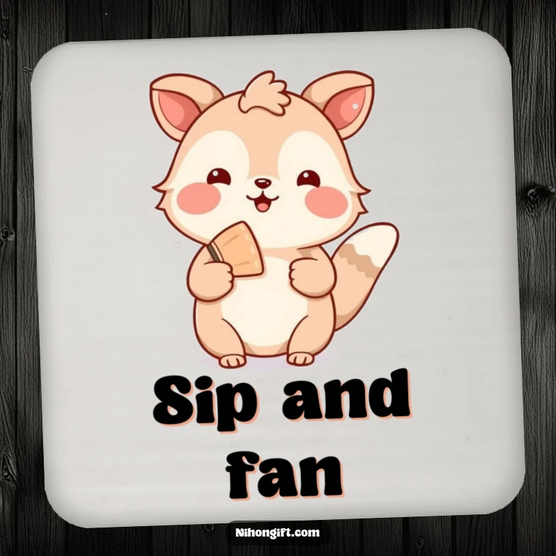 Funny drink coasters depicting a welcoming animal holding a decorative fan, adding hospitality to any table.