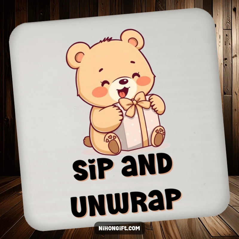 Funny bear coasters featuring a little bear enthusiastically opening a wrapped gift, protecting tables with humor and charm.