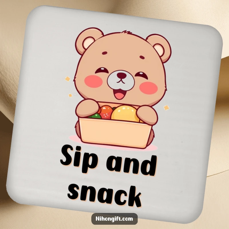 Funny kawaii bear cub cub accepting a bento box on a drink coaster for table protection.