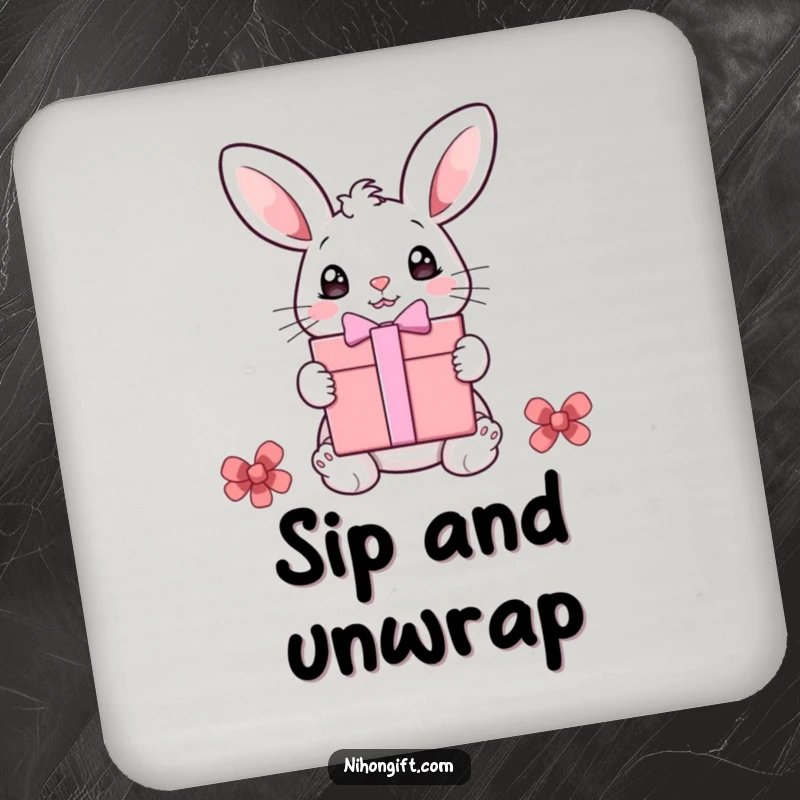 Funny bunny coasters featuring a surprised bunny with a gift, protecting surfaces with humor and cuteness.