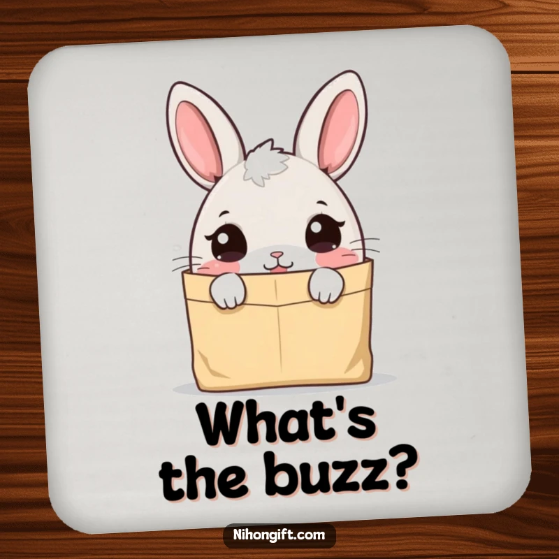 Funny bunny coasters featuring a cute character peeking curiously into a paper bag, adding whimsical decor.