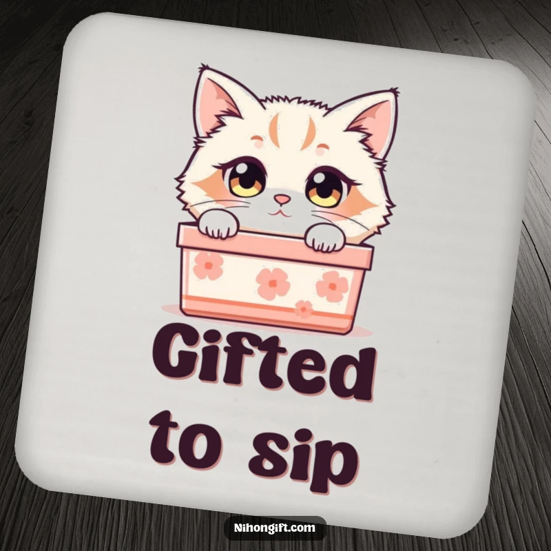 Funny cat coasters with a fluffy cat’s curious eyes peering from a Japanese gift box, adding charm.