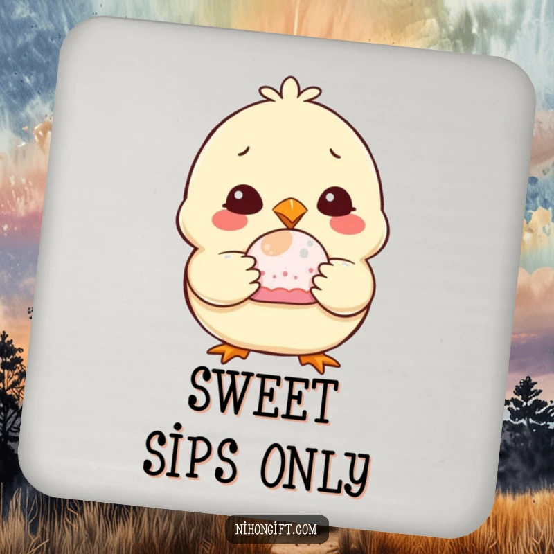 Funny Chubby Chick Mochi Coasters showcasing a smiling chick with a mochi, protecting surfaces with sweet humor.