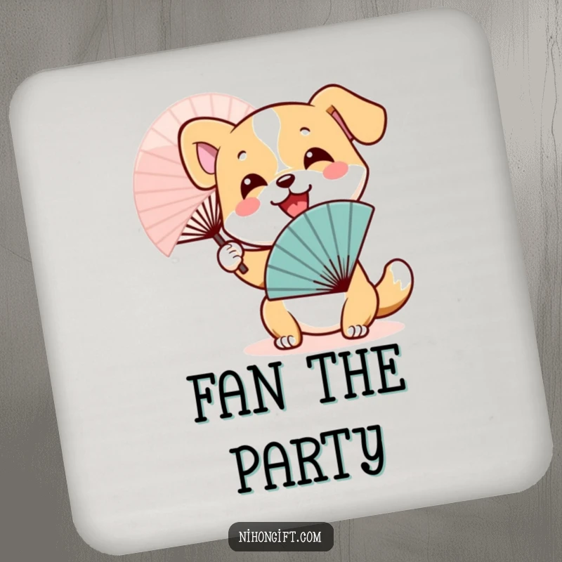 Funny Dog Fan Coaster: Smiling dog character enthusiastically waving a traditional Japanese fan, protecting surfaces.