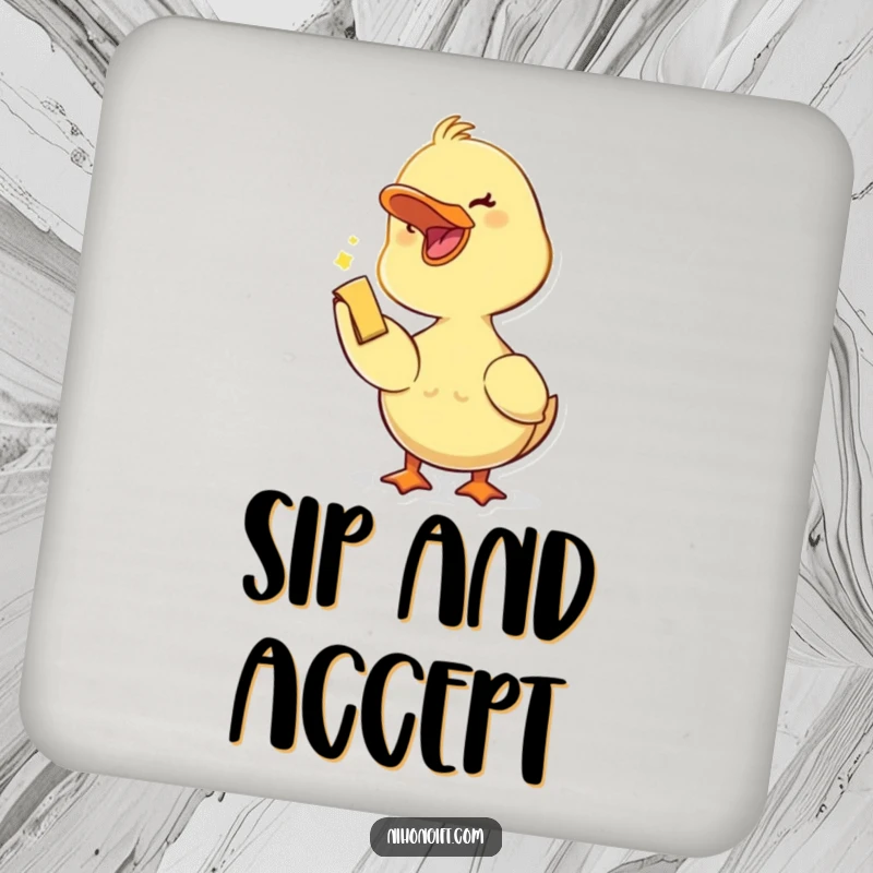 Funny duckling with an open beak joyfully accepting a small trinket on a protective drink coaster.