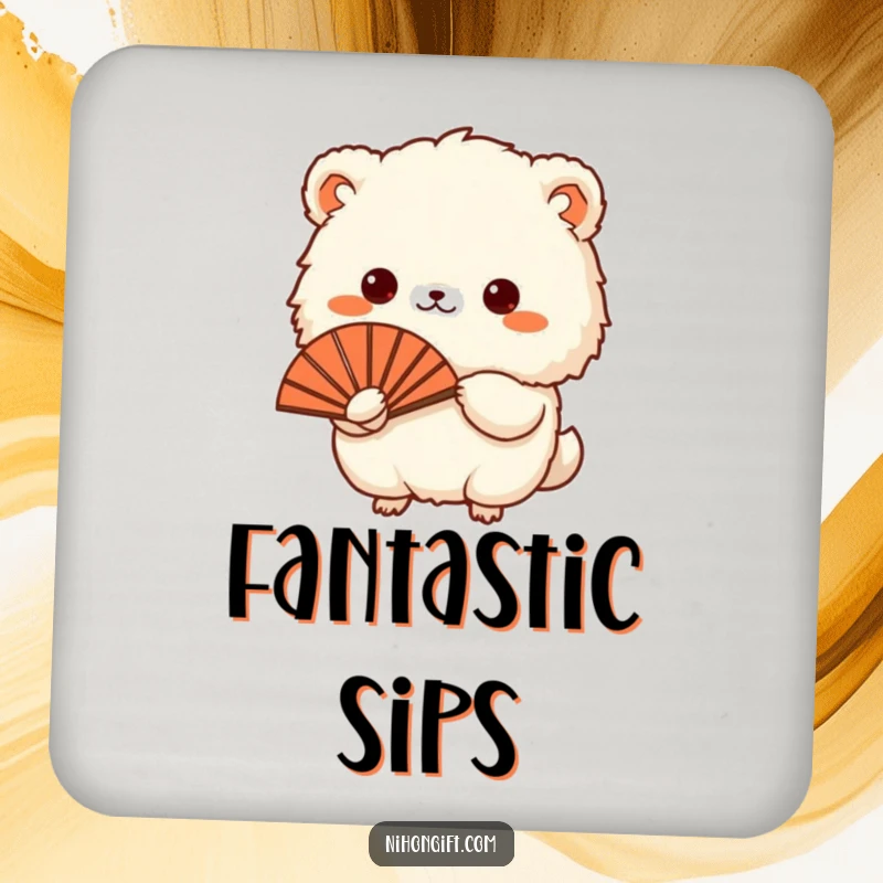 Funny drink coaster with a small, fluffy animal presenting a traditional Japanese fan, adding humor to tabletops.