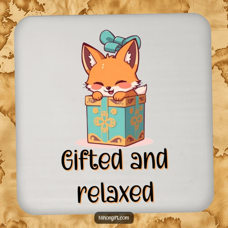Funny fox coasters featuring an excited unwrapping of a large, ornate gift box, adding playful decor.