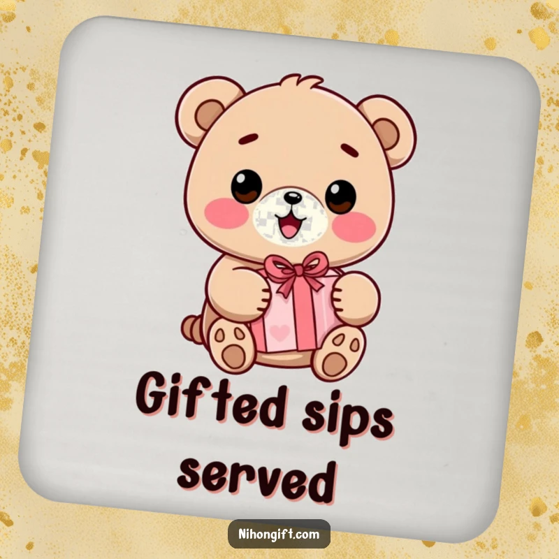 Funny Kawaii Bear Coasters depicting a smiling kawaii bear holding a wrapped present, protecting surfaces with adorable cheer.