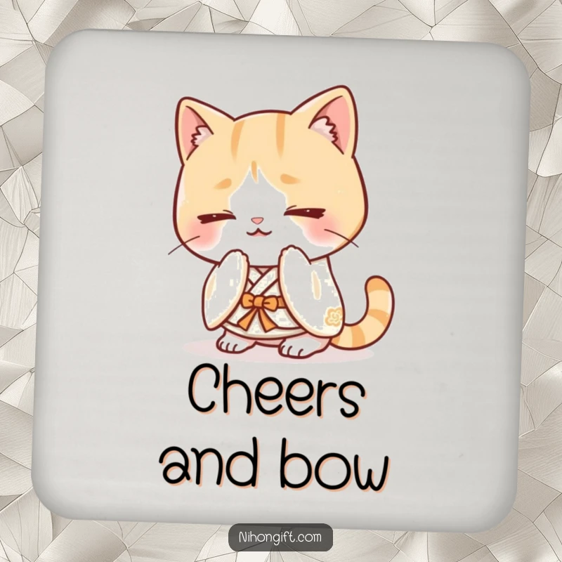 Funny kawaii cat in a kimono bowing happily on a drink coaster, protecting surfaces.