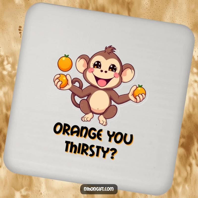 Funny Kawaii Monkey Coasters featuring a monkey juggling oranges with a mischievous grin.