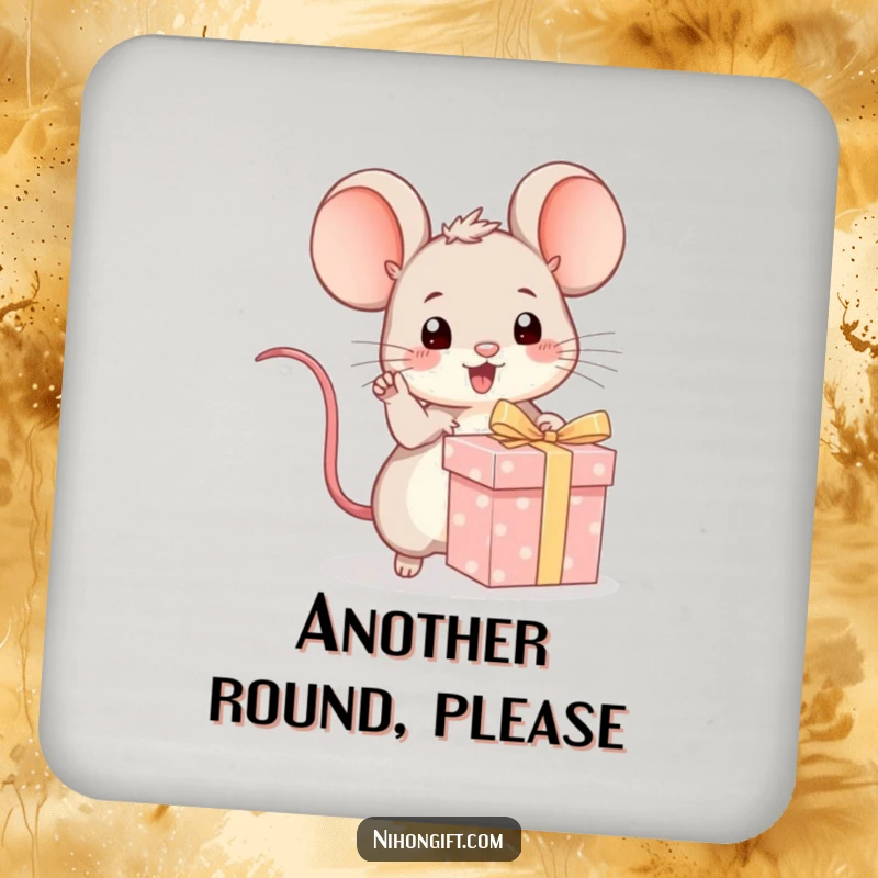 Funny kawaii mouse excitedly pointing at a wrapped gift on a drink coaster, adding playful charm to tabletops.