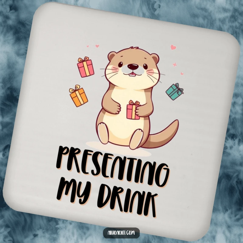 Funny Kawaii Otter Coasters: Cute otter juggling vibrant gift boxes, adding a touch of joy to drink protection.