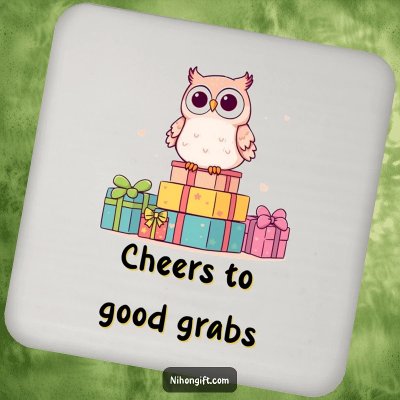 Funny kawaii owl guarding gifts, providing humor and surface protection on a set of coasters.
