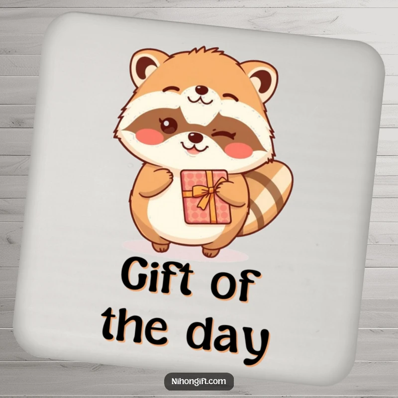 Funny kawaii tanuki character winking and offering a gift on a drink coaster, protecting surfaces.