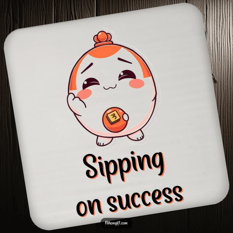 Funny! Set of drink coasters featuring a smiling Daruma doll character holding a shiny coin, adding luck and humor to tabletops.