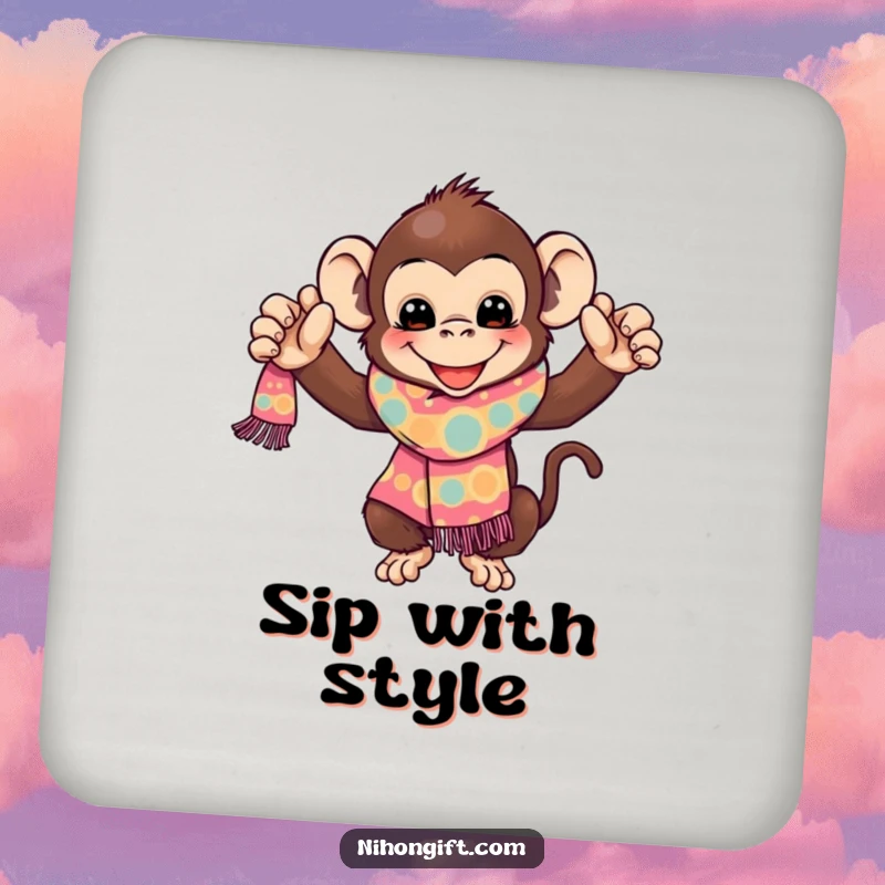 Funny Monkey Coaster: A playful monkey joyfully presents a vibrant, patterned scarf, a humorous addition to any table setting.
