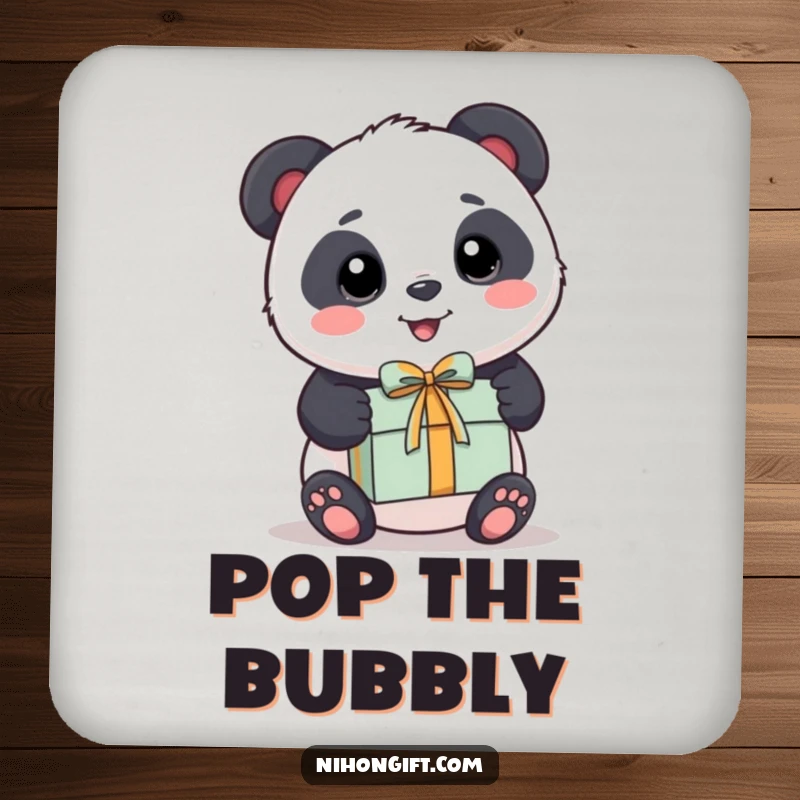 Funny Panda Coaster: A kawaii panda happily holds out a small, wrapped gift.