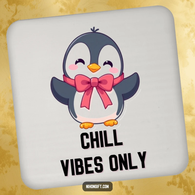 Funny drink coasters featuring a cute penguin character presenting a beautifully tied ribbon, adding winter charm.