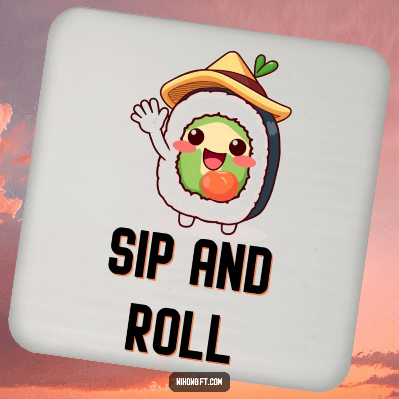 Funny drink coasters featuring a charming sushi roll character in a straw hat, waving excitedly, adding fun.