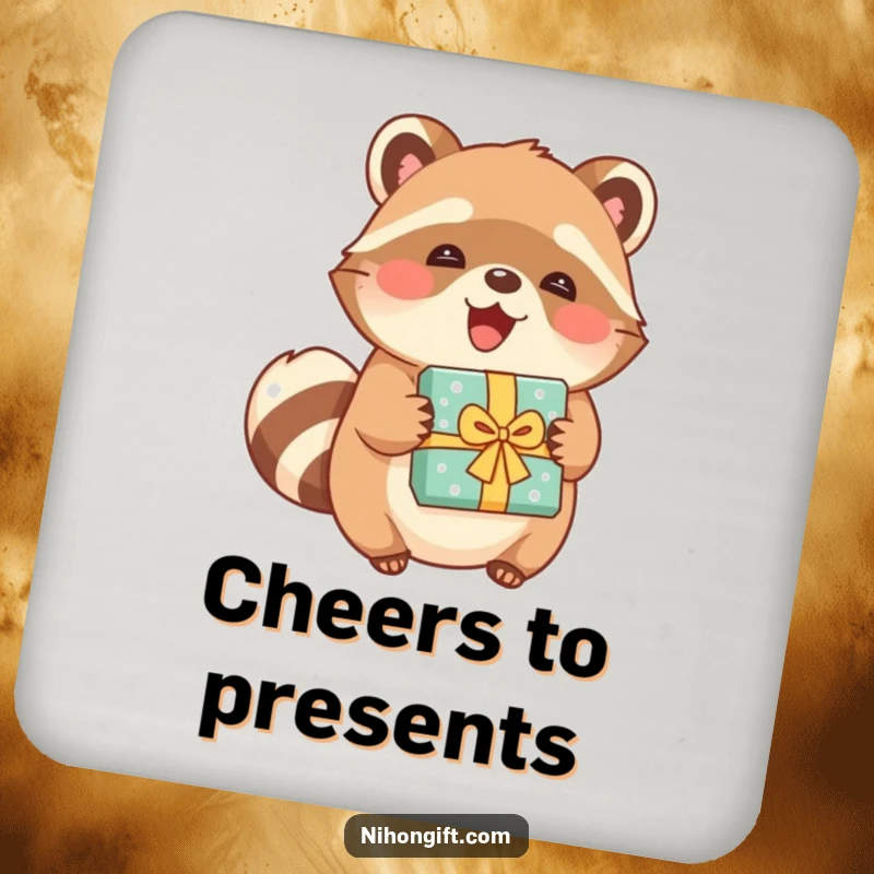 Funny tanuki coasters featuring a joyful character holding a beautifully wrapped present, adding playful charm.