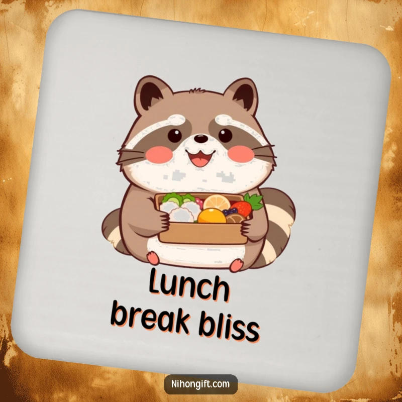 Funny kawaii tanuki wearing a happy expression, holding a beautifully presented bento on drink coasters, a humorous and protective accessory.