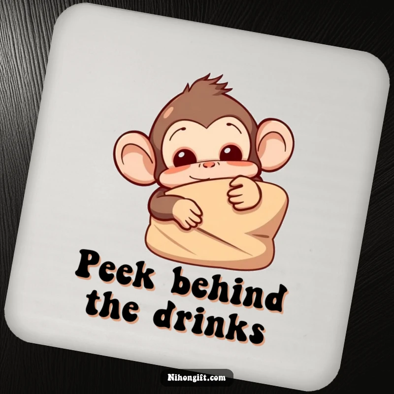 Funny monkey coasters showing a mischievous monkey peeking from behind a wrapped item, perfect for protecting surfaces.