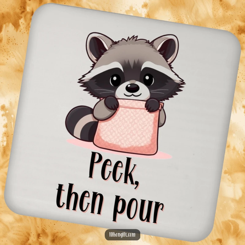 Funny Kawaii Raccoon Coasters depicting a cute raccoon peering curiously into a shimmering gift bag, protecting surfaces with adorable intrigue.