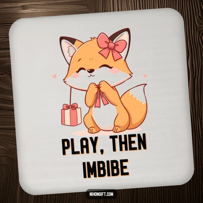 Funny Kawaii Fox Coasters depicting a cute fox playfully batting at a dangling gift ribbon, protecting surfaces with adorable charm.