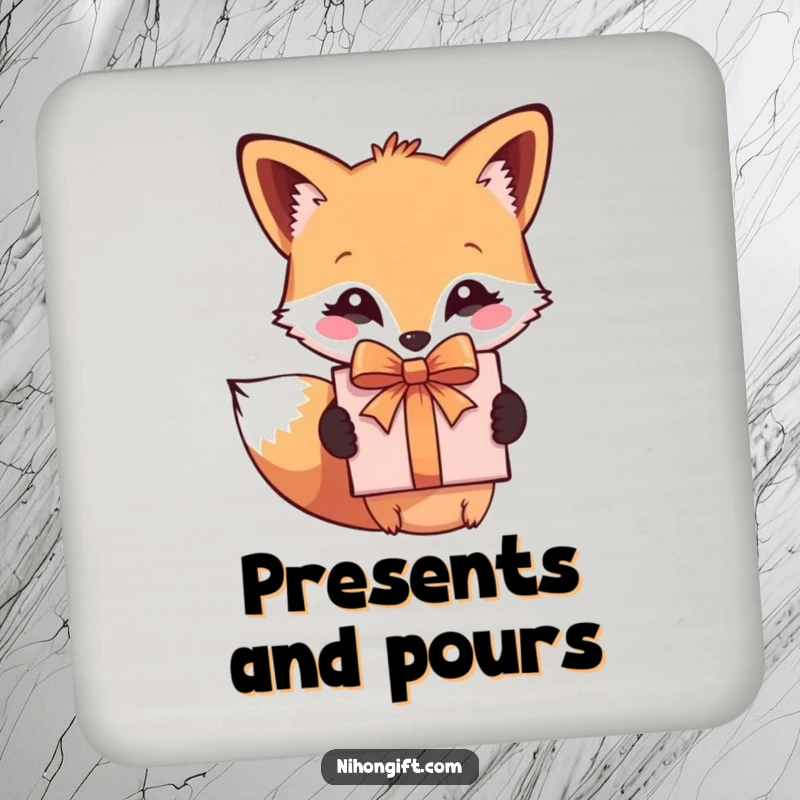 Funny drink coaster featuring a cute fox with a wrapped gift box, protecting surfaces with humor.