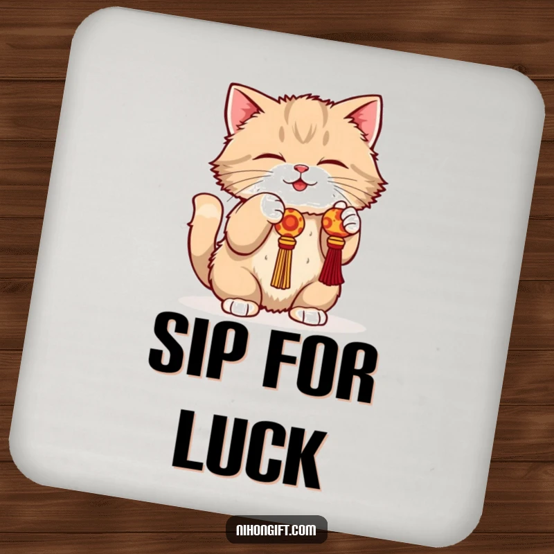 Funny cat coasters with a fluffy cat batting at a dangling lucky charm, adding playful protection.
