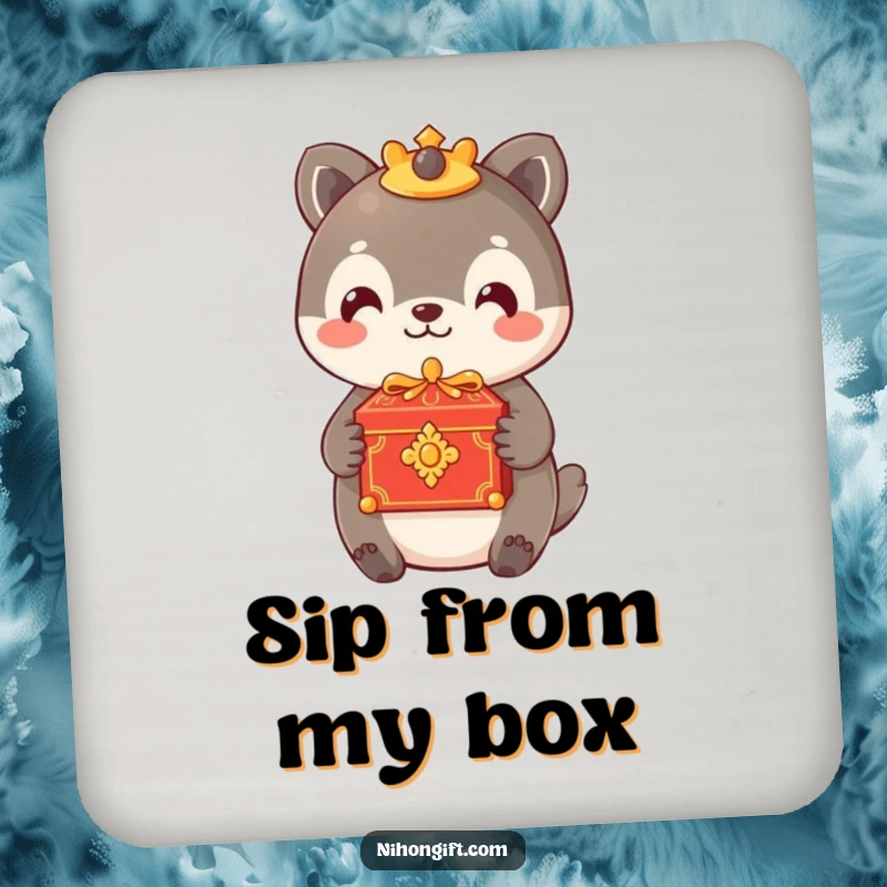 Funny drink coaster with an animal offering a small, ornate box with a gentle smile, perfect for elegant decor.