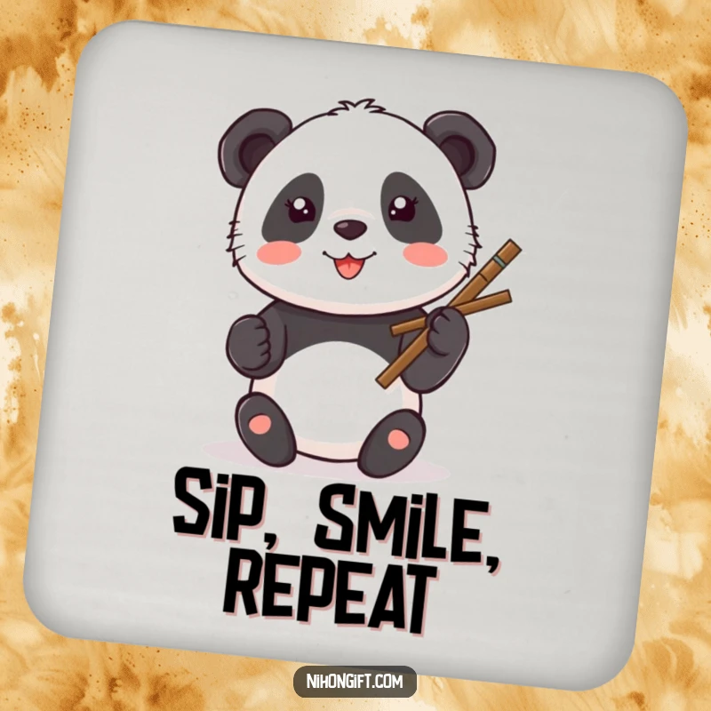 Funny Kawaii Panda Coasters featuring a panda painting a smiley face with a calligraphy brush.