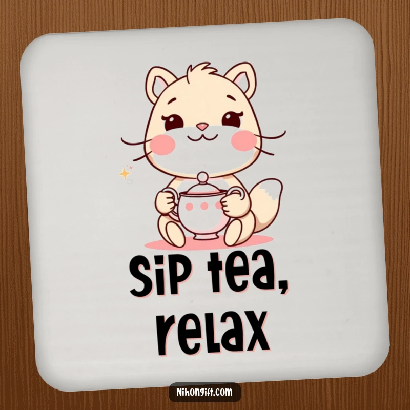 Funny drink coaster with an animal holding a delicate tea set and a polite smile, perfect for elegant decor.