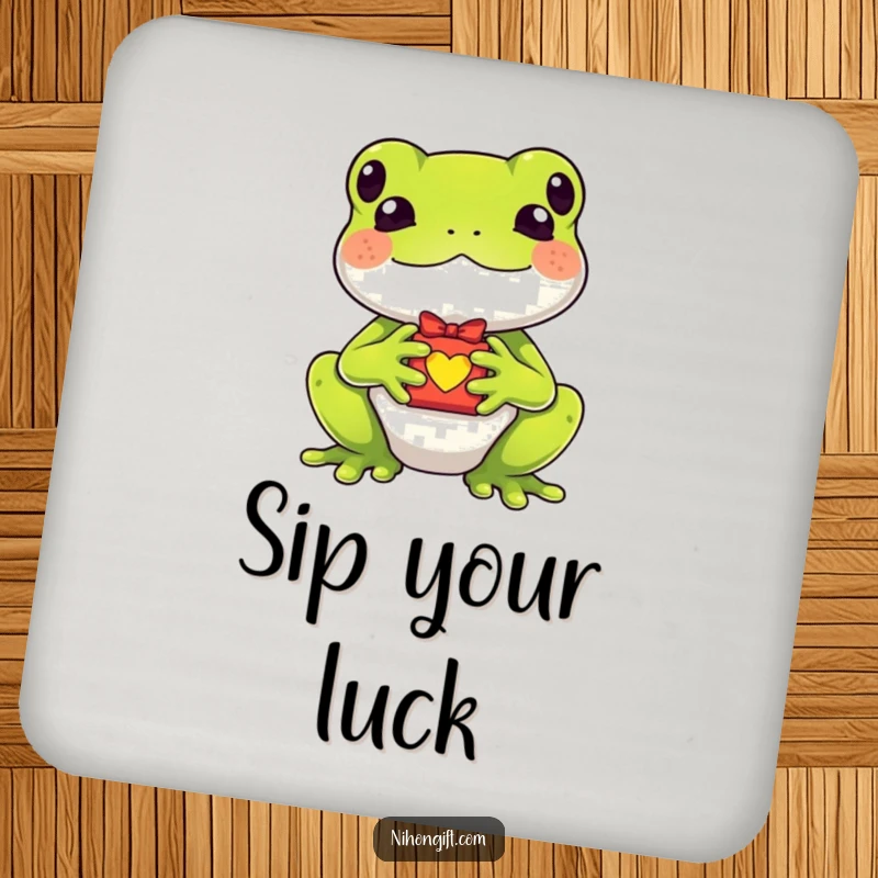 Funny kawaii frog holding a tiny lucky charm gift on a drink coaster, adding whimsical charm to tabletops.