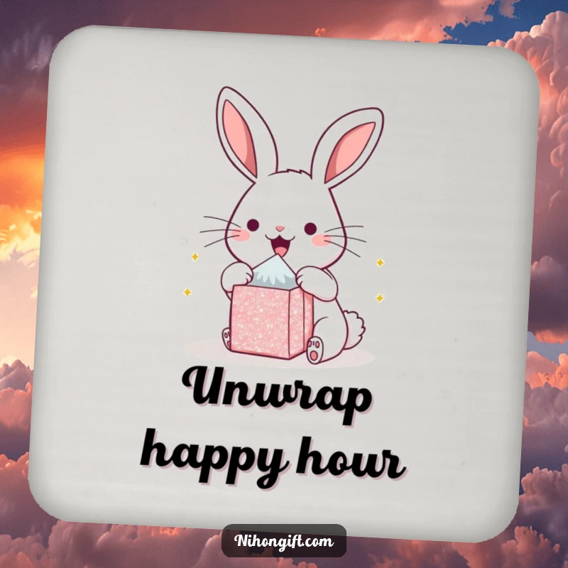 Funny kawaii bunny coaster, depicted gleefully opening a small, glittering gift package. Protects furniture with humor.