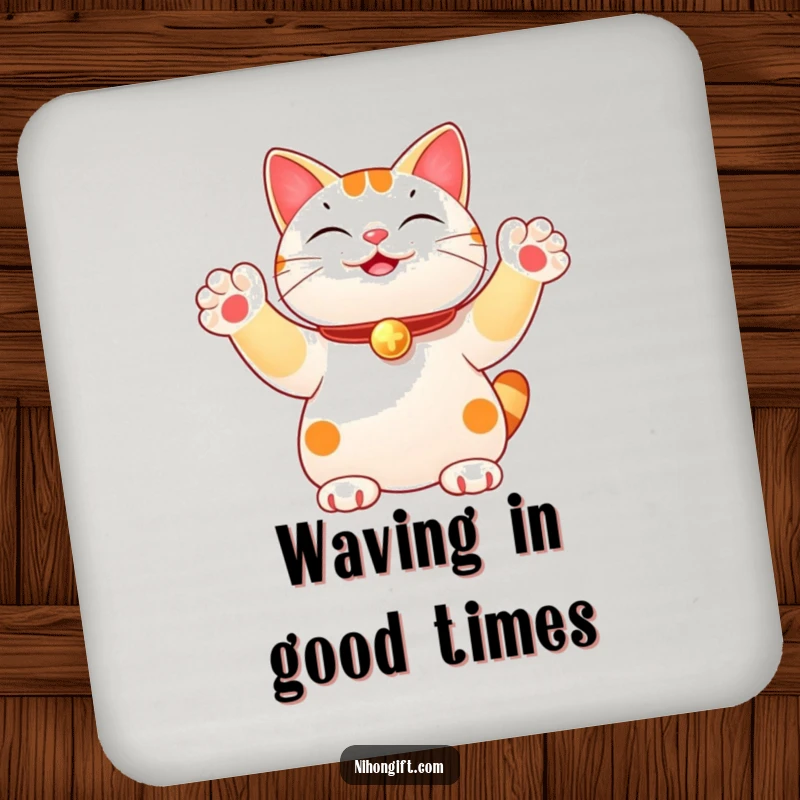 Funny drink coaster with a lucky cat illustration, joyfully waving multiple paws for good luck and surface protection. A quirky home accessory.