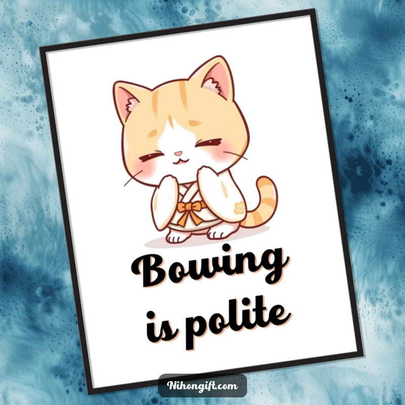 Funny kawaii cat art print wearing a kimono and bowing happily, adding charm.