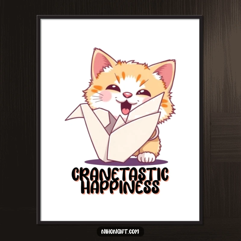 Funny cat poster featuring a fluffy cat with an ecstatic expression peeking from behind a delicate origami crane.