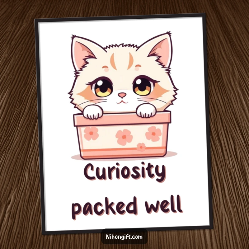 Funny cat poster featuring a fluffy cat with wide, curious eyes peeking out of a beautifully wrapped Japanese gift box.