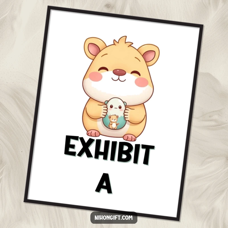 Funny poster of a happy animal displaying a small, painted ceramic figure, bringing artistic humor and charm to any room.