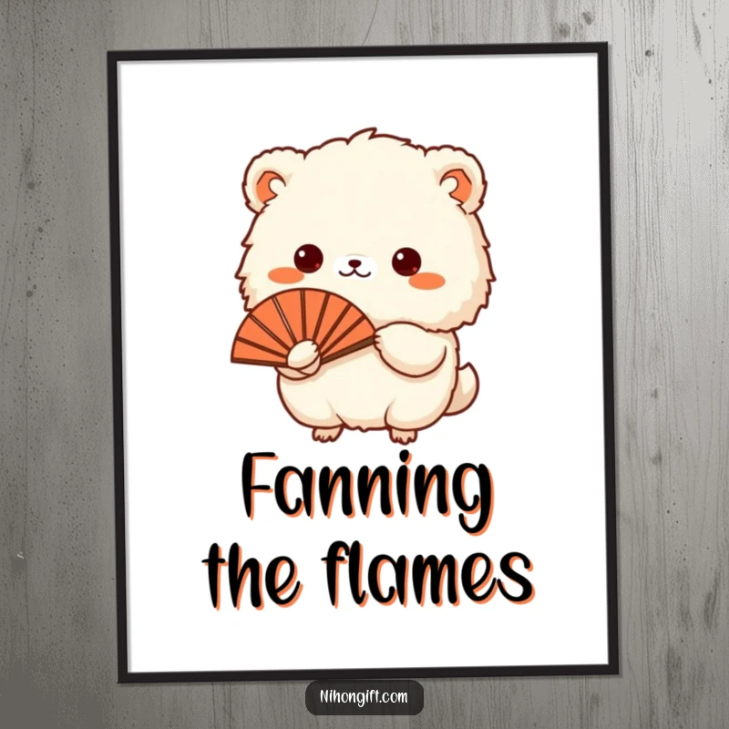 Funny poster of a small, fluffy animal presenting a traditional Japanese fan, perfect for humorous wall art.