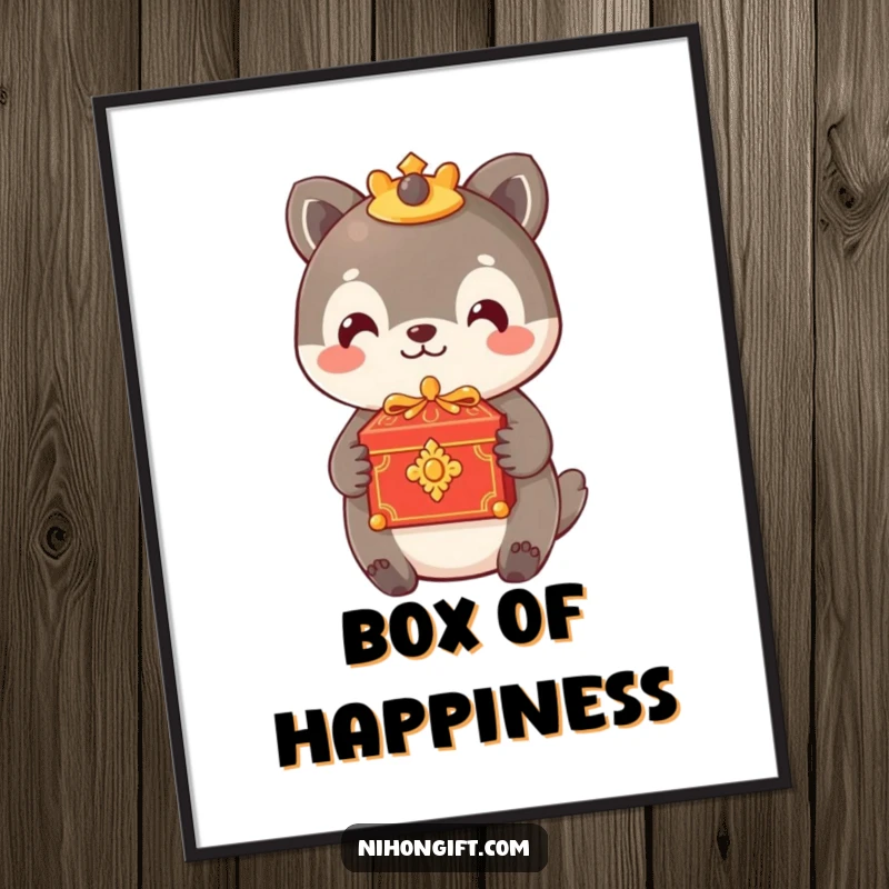 Funny poster of an animal offering a small, ornate box with a gentle smile, perfect for heartwarming art.