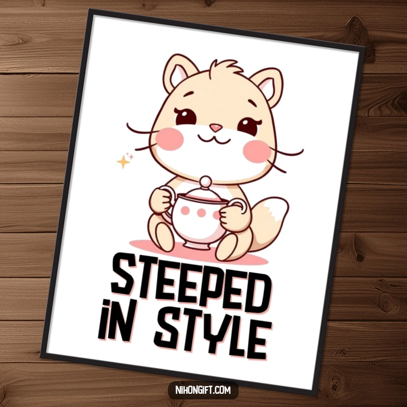 Funny poster of an animal holding a delicate tea set and a polite smile, perfect for elegant wall art.