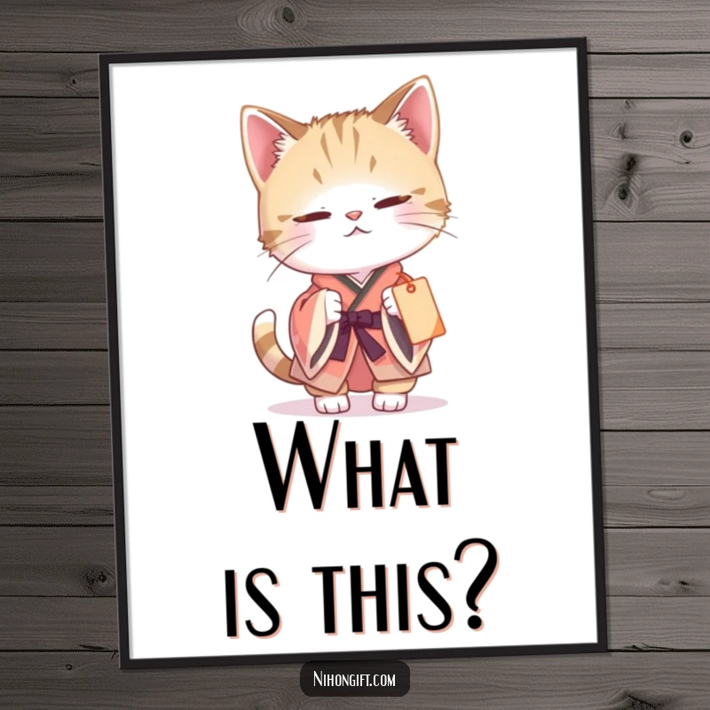 Funny cat kimono poster illustrating a curious cat in a tiny kimono batting at a dangling gift tag, bringing whimsical humor to walls.
