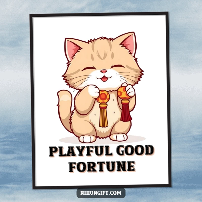 Funny cat poster featuring a fluffy cat in a playful crouch, batting at a dangling lucky charm with great focus.