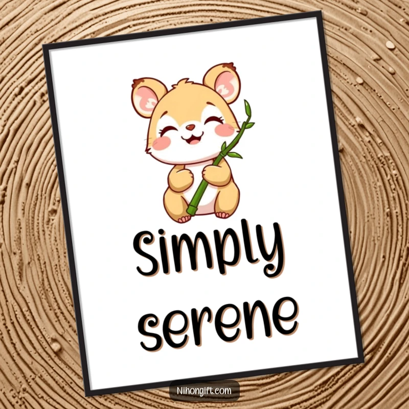 Funny poster art of a joyful animal holding a miniature bamboo stalk, symbolizing peace and happiness.