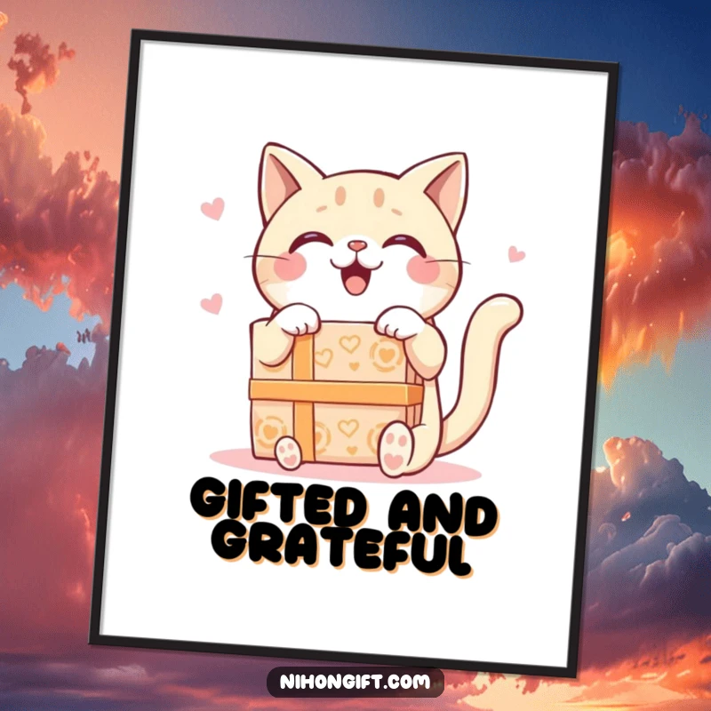 Funny Kawaii Cat Poster showing a delighted cat receiving a giant ornate gift box, adding a touch of cheerful whimsy.